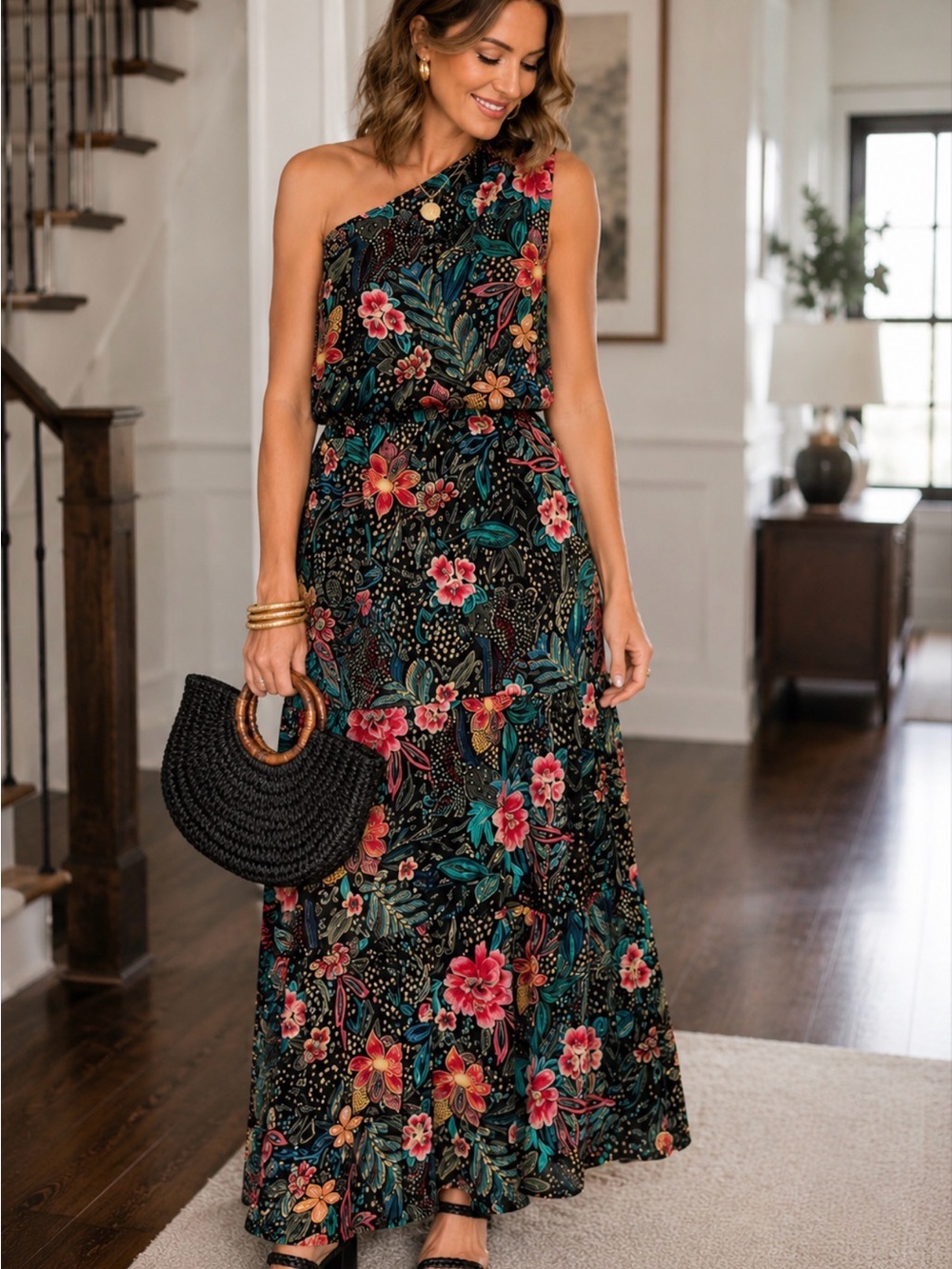 Evereve One-Shoulder Floral Maxi Dress in Black with Pink & Teal Floral Print